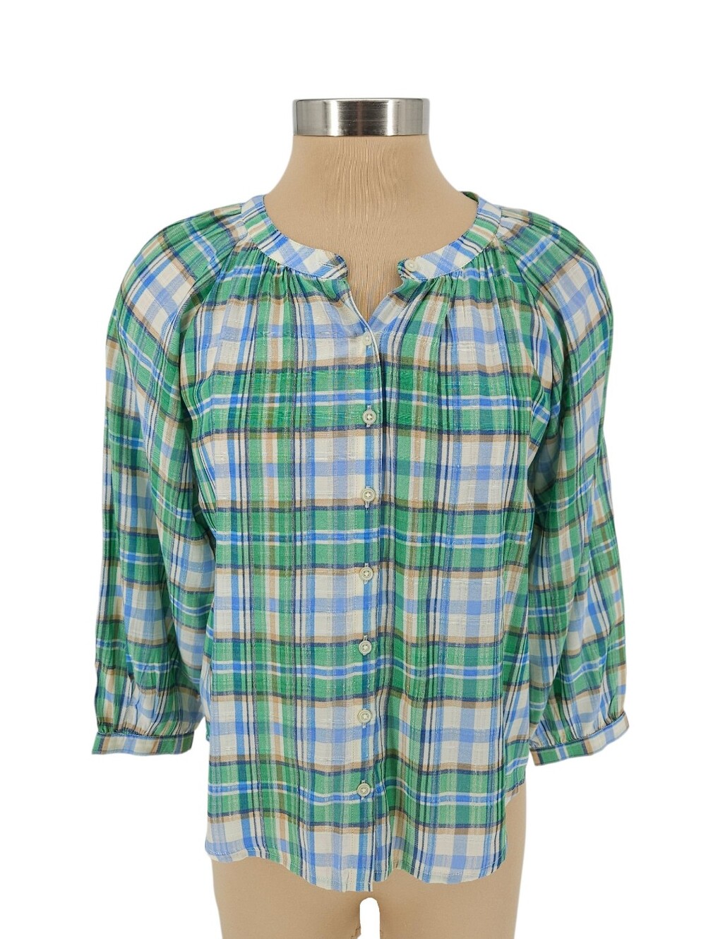 Ann Taylor Shirt Green Plaid Long Sleeve Button Up Peasant Top Petite PXS